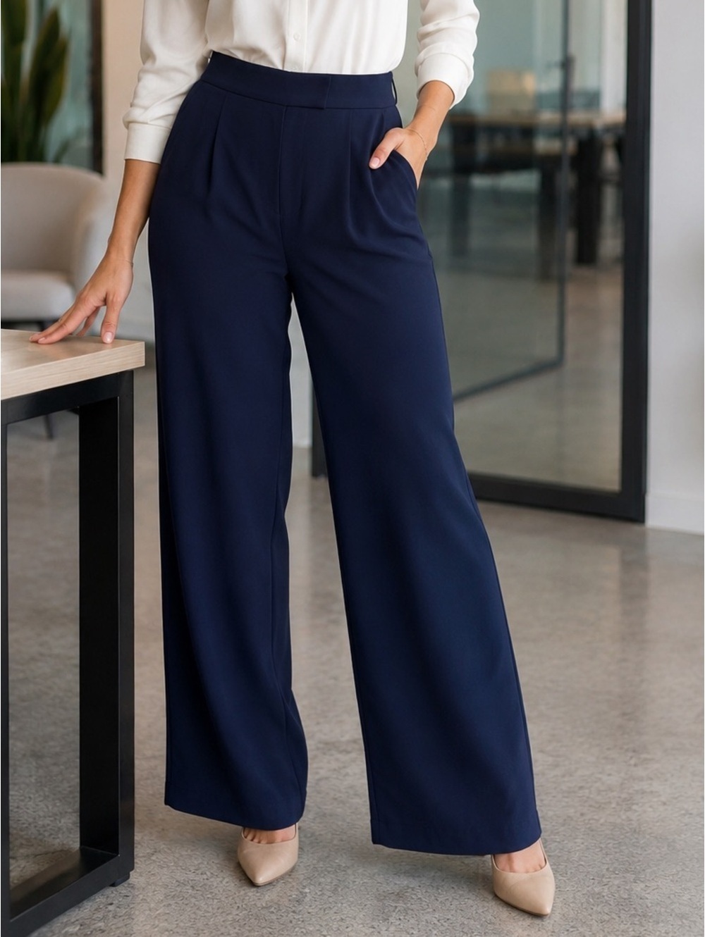 Jacqueline de Yong Navy Blue Wide Leg Dress Pants Size 38 Work Trousers